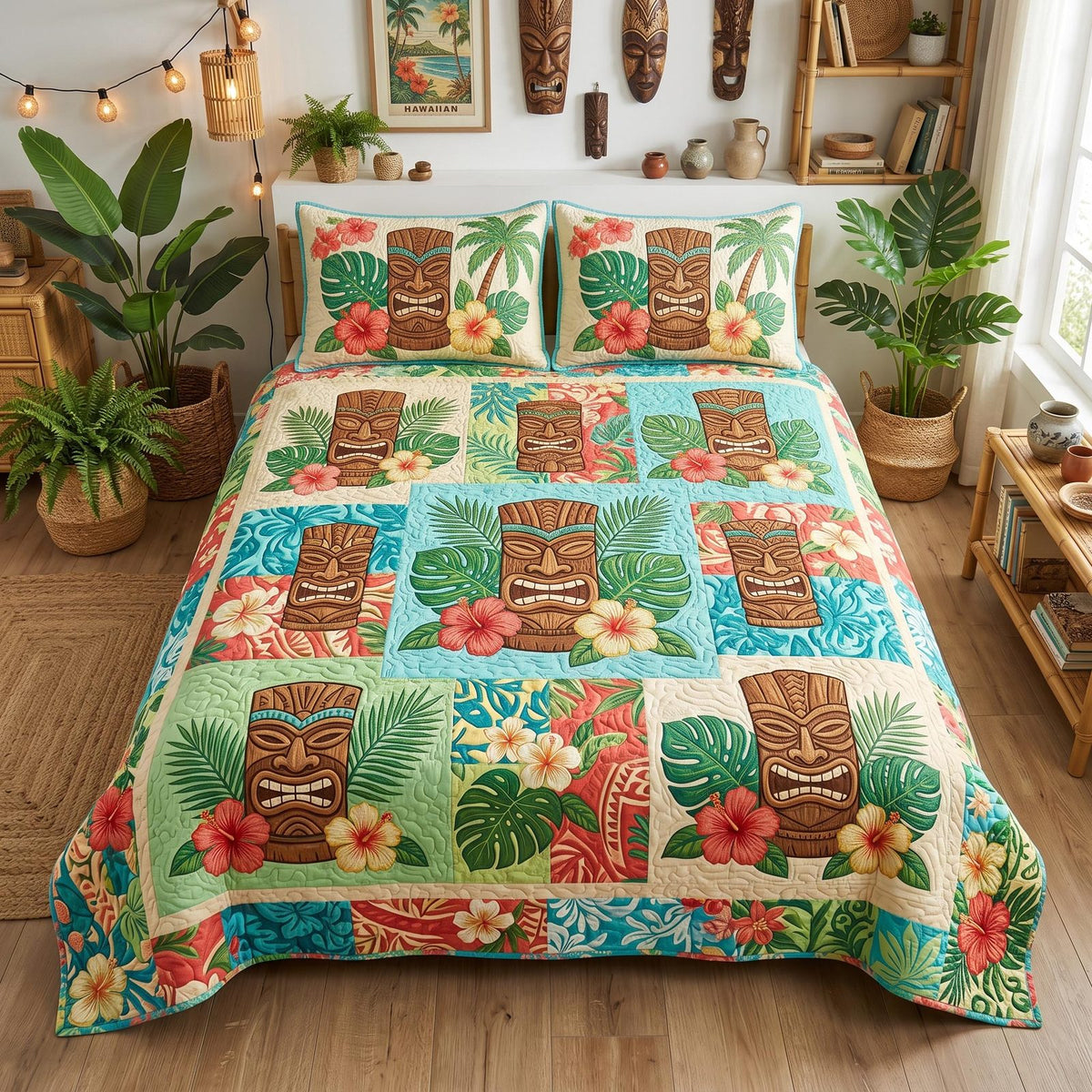 Tiki Culture quilted 3-piece bedding set on a made bed with two matching pillow shams