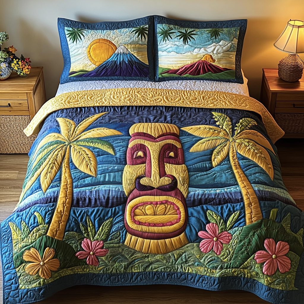 Tiki Dreams quilted 3-piece bedding set on a made bed with two matching pillow shams