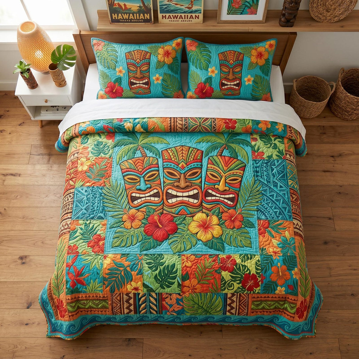 Tiki Essence quilted 3-piece bedding set on a made bed with two matching pillow shams