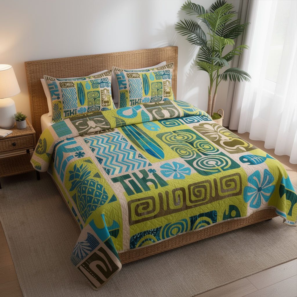 Tiki Guardian quilted 3-piece bedding set on a made bed with two matching pillow shams