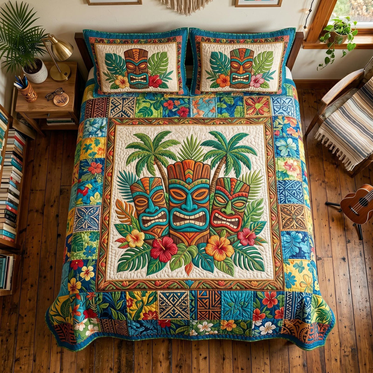 Tiki Spirit quilted 3-piece bedding set on a made bed with two matching pillow shams