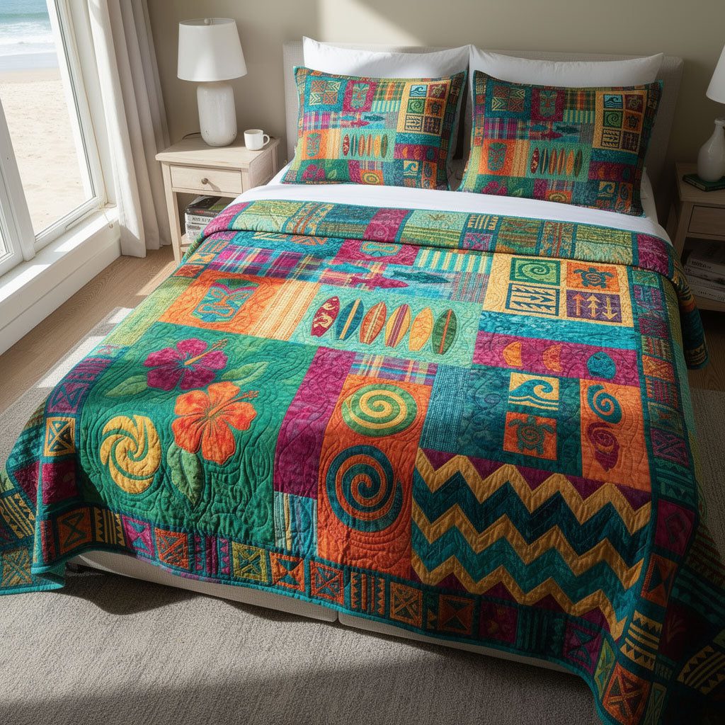 Tiki Torch Glow quilted 3-piece bedding set on a made bed with two matching pillow shams