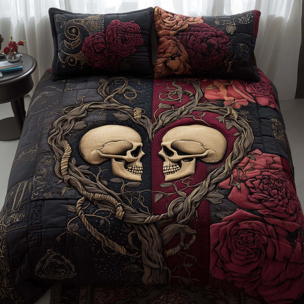 Til Death Do Us Part quilted 3-piece bedding set on a made bed with two matching pillow shams