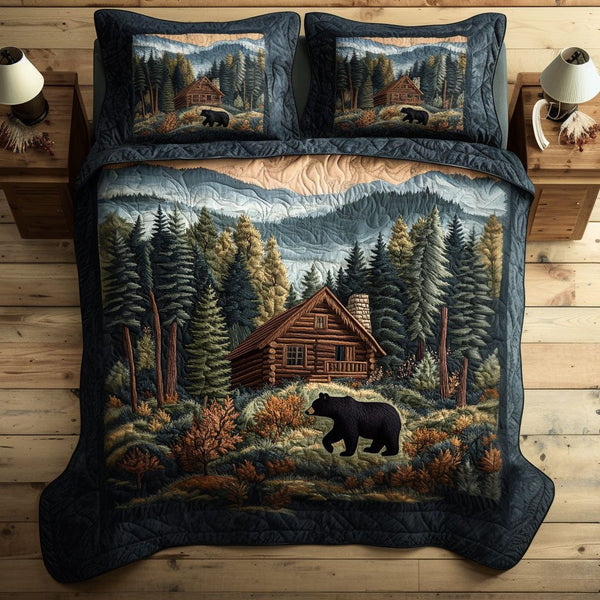 Timber Bear Haven quilted 3-piece bedding set on a made bed with two matching pillow shams