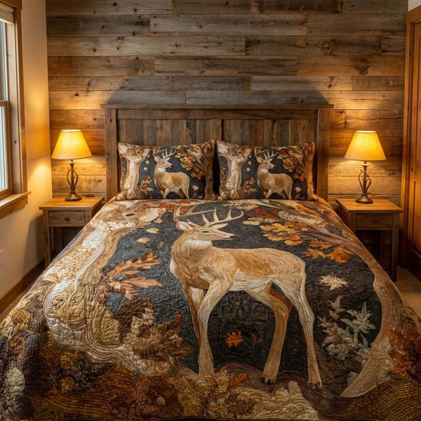 Timber Deer quilted 3-piece bedding set on a made bed with two matching pillow shams
