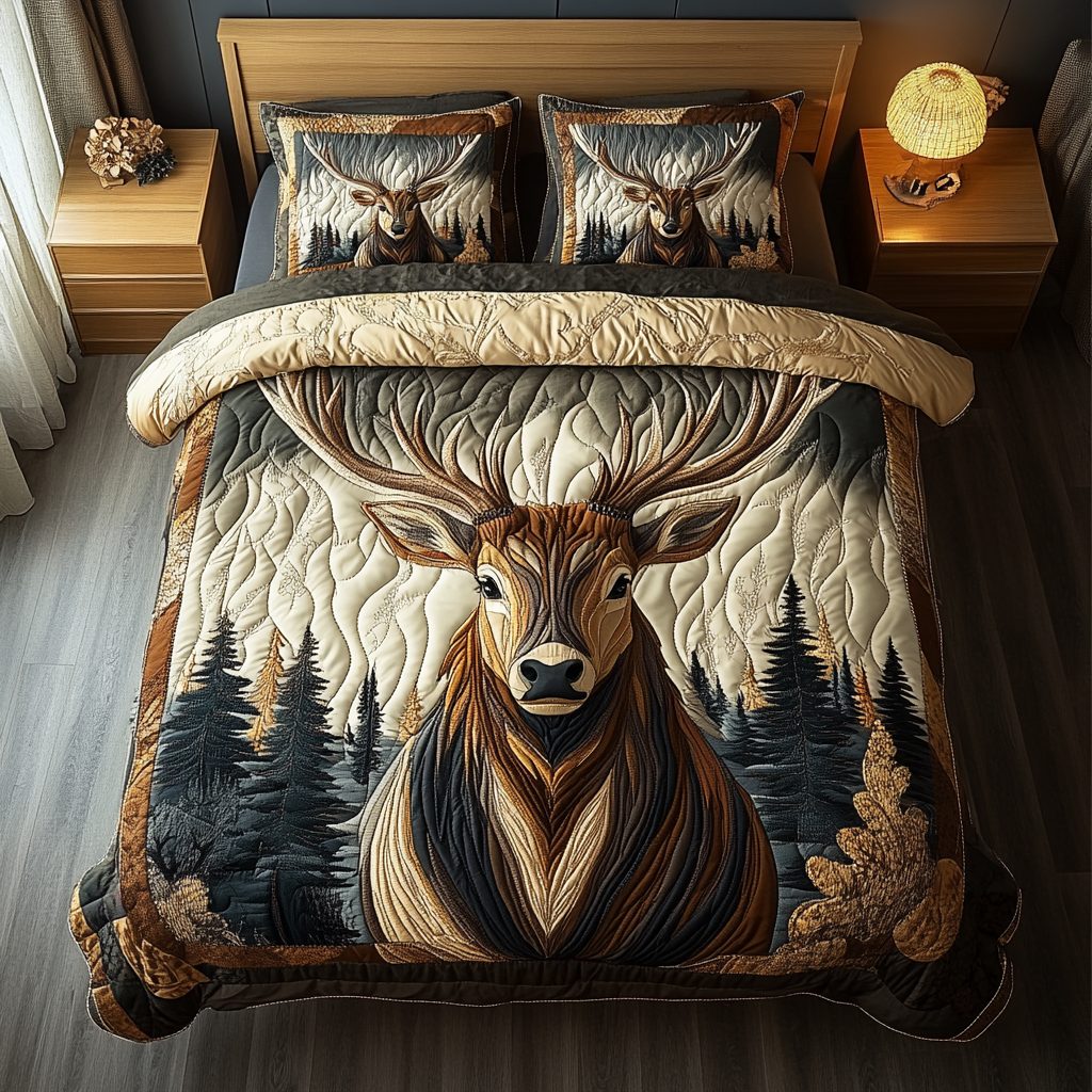 Timber Guardian quilted 3-piece bedding set on a made bed with two matching pillow shams