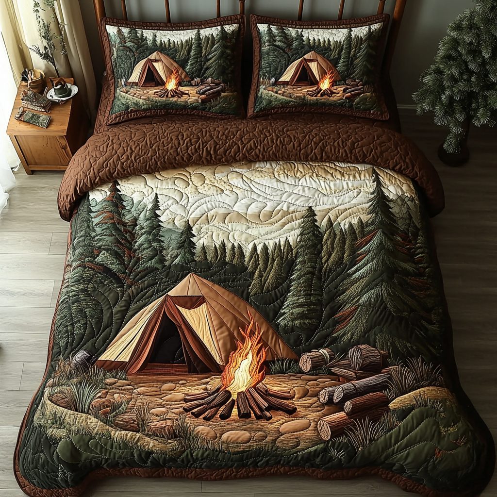 Timber Rest quilted 3-piece bedding set on a made bed with two matching pillow shams