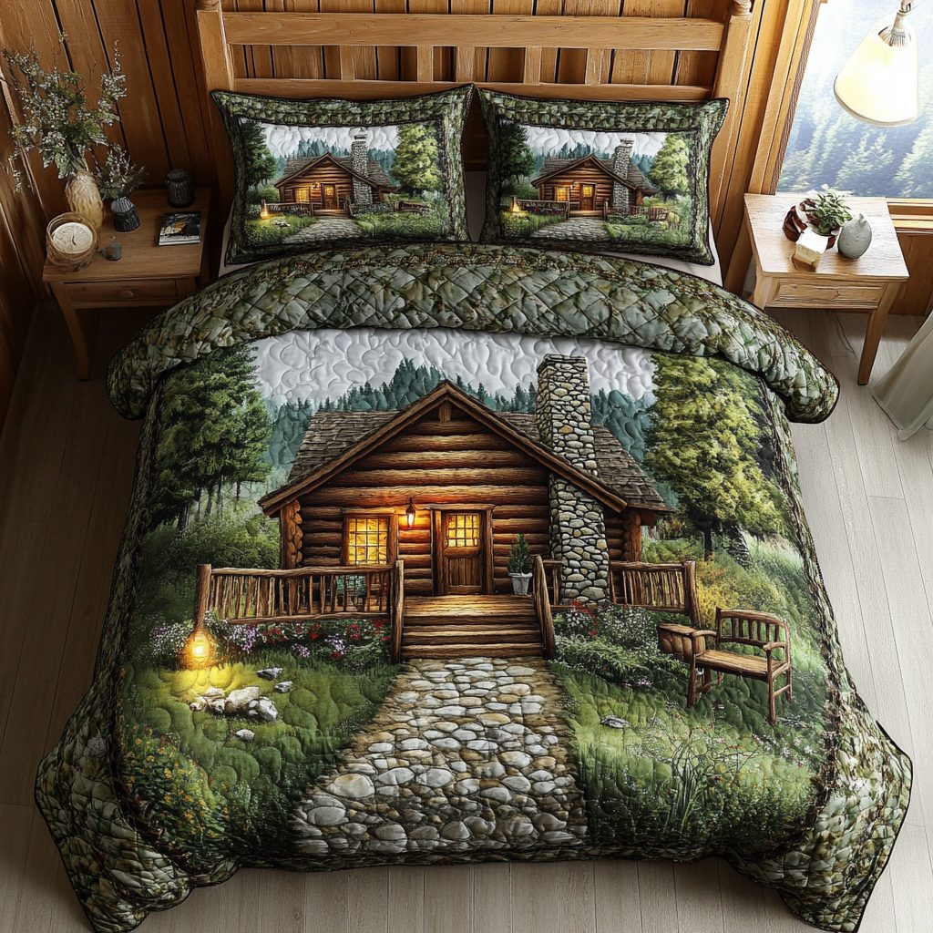 Timber Retreat quilted 3-piece bedding set on a made bed with two matching pillow shams