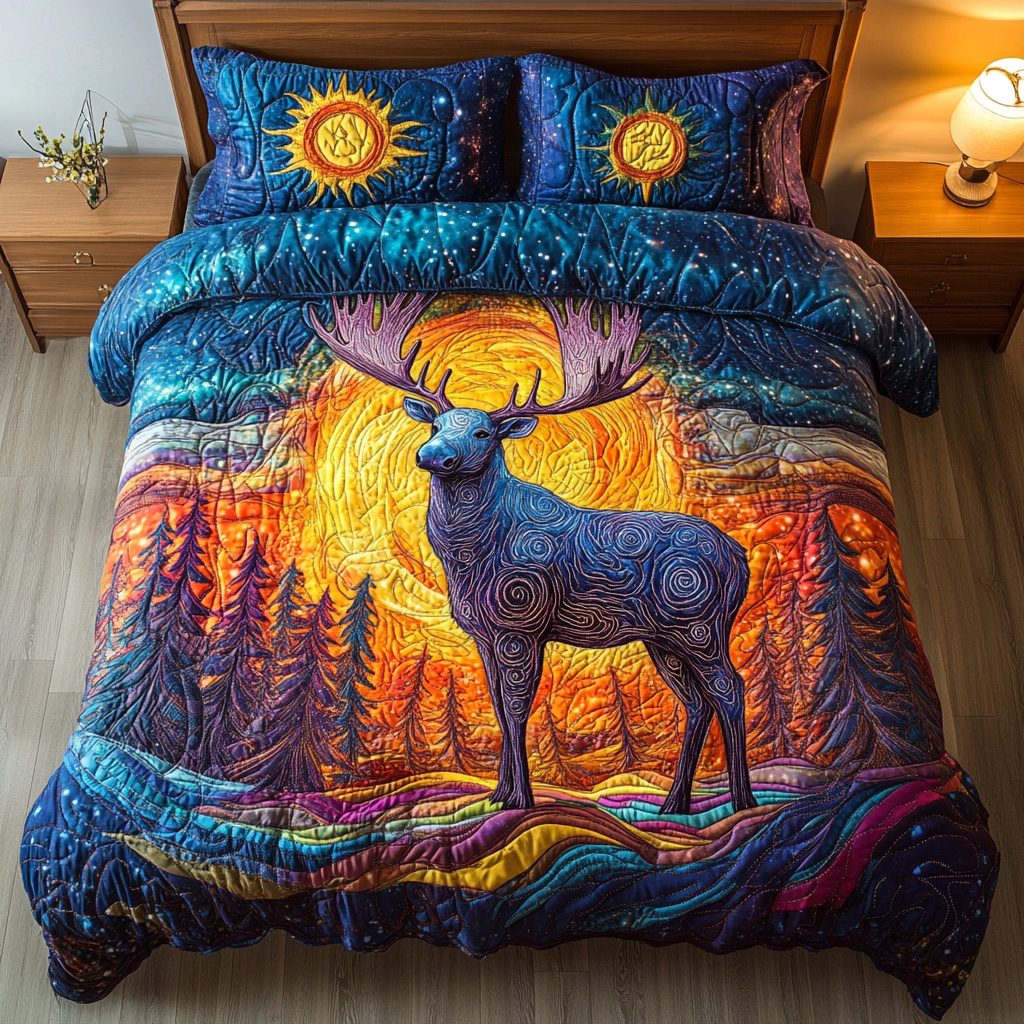 Timber Stag quilted 3-piece bedding set on a made bed with two matching pillow shams