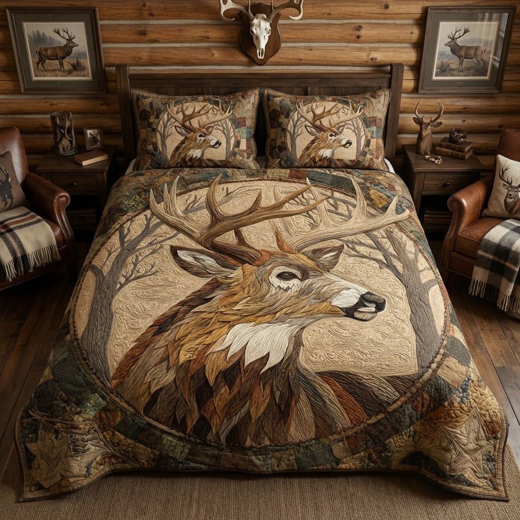 Timber Stag quilted 3-piece bedding set on a made bed with two matching pillow shams