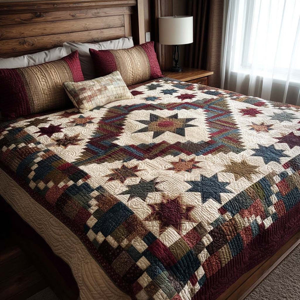 Timber Star quilted 3-piece bedding set on a made bed with two matching pillow shams