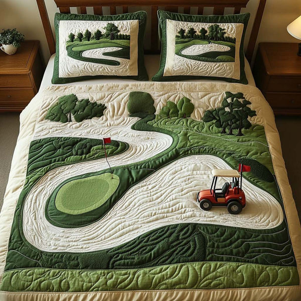 Timber Trail Golf Course quilted 3-piece bedding set on a made bed with two matching pillow shams