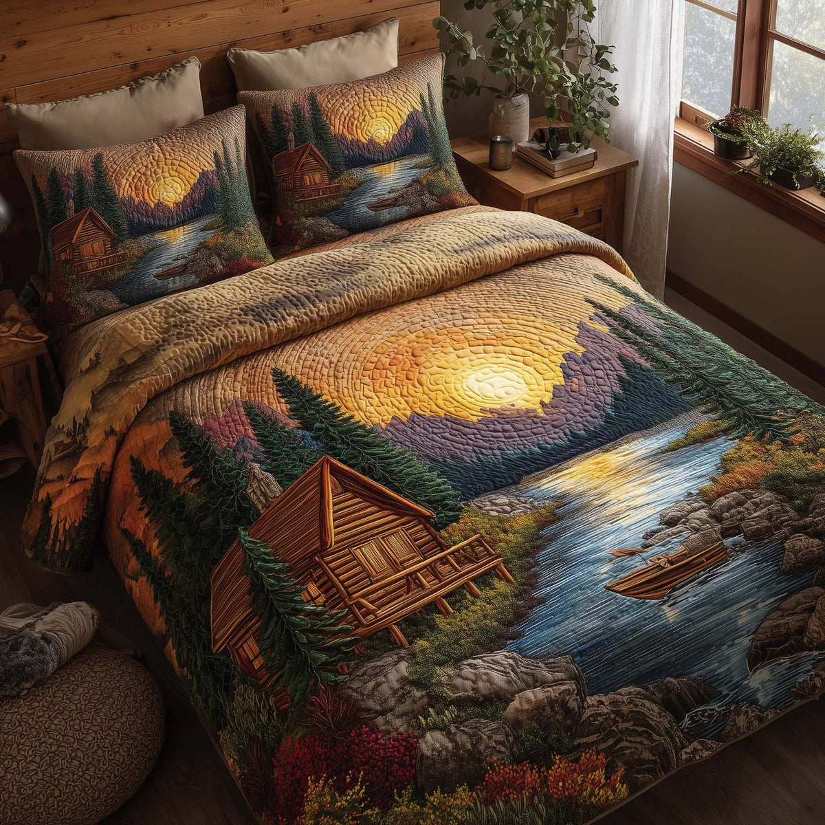 Timber Whisper quilted 3-piece bedding set on a made bed with two matching pillow shams