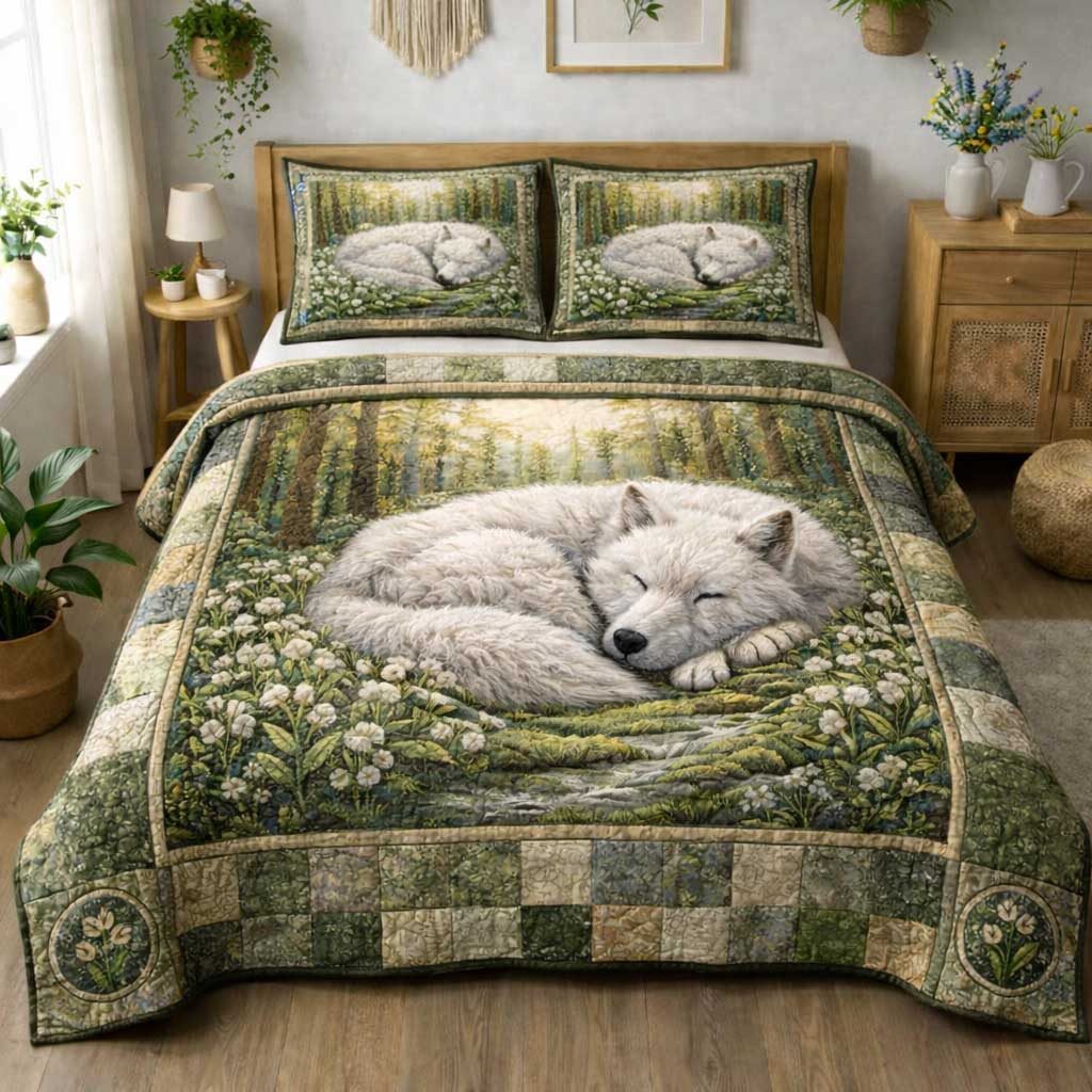 Timber Wolf quilted 3-piece bedding set on a made bed with two matching pillow shams