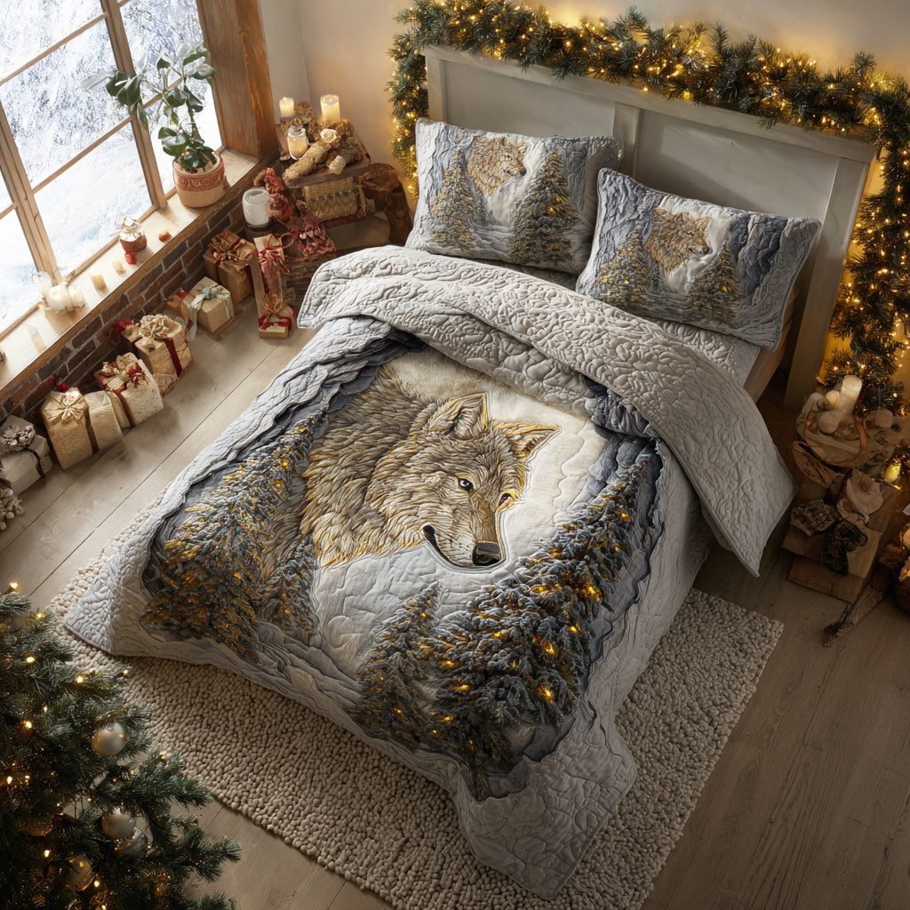 Timber Wolf Stare quilted 3-piece bedding set on a made bed with two matching pillow shams