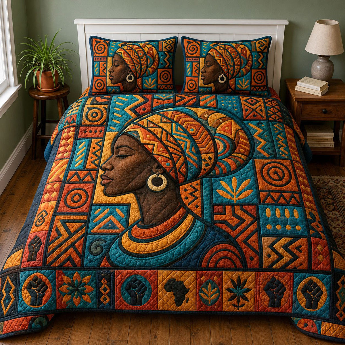 Timeless African Beauty Heritage quilted 3-piece bedding set on a made bed in a farmhouse bedroom