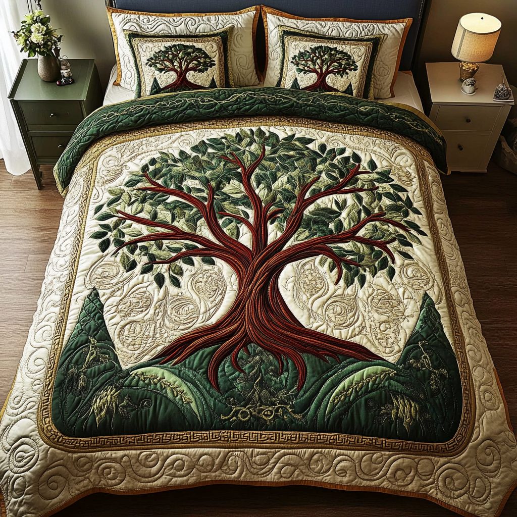 Timeless Branches quilted 3-piece bedding set on a made bed in a rustic timber bedroom