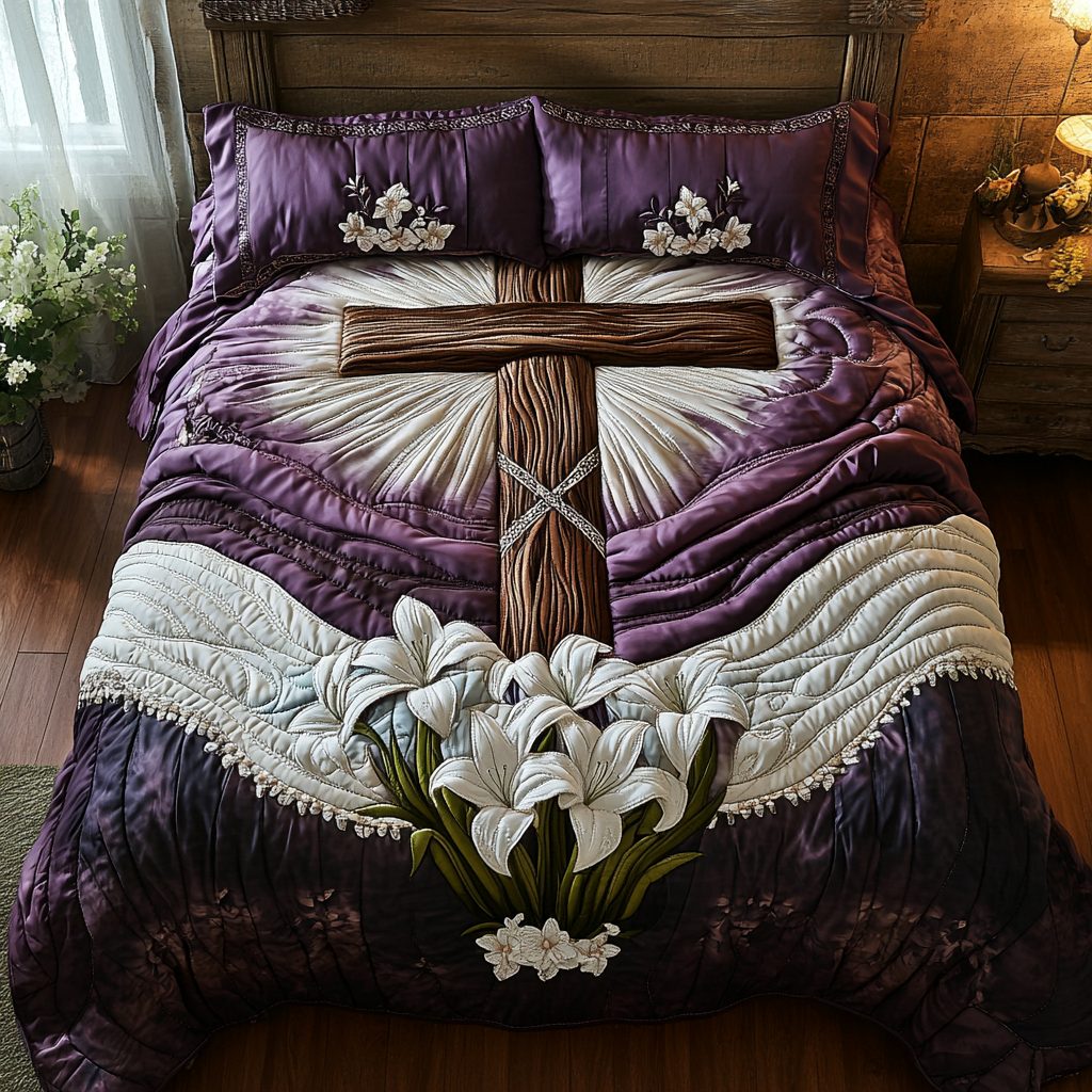 Timeless Cross quilted 3-piece bedding set on a made bed in a softly lit bedroom