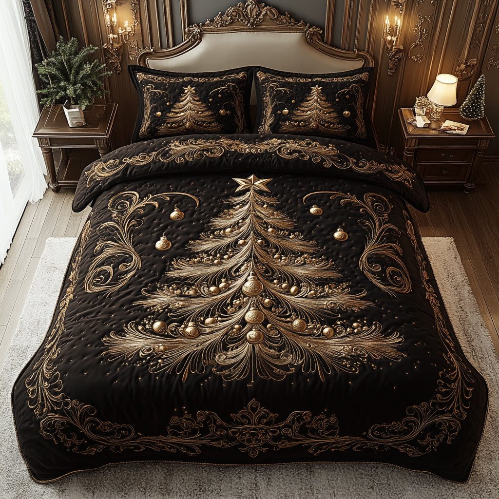 Timeless Evergreen quilted 3-piece bedding set on a made bed in a farmhouse bedroom