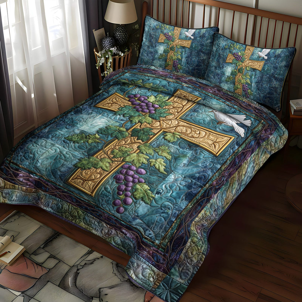 Timeless Faith quilted 3-piece bedding set on a made bed in a softly lit bedroom