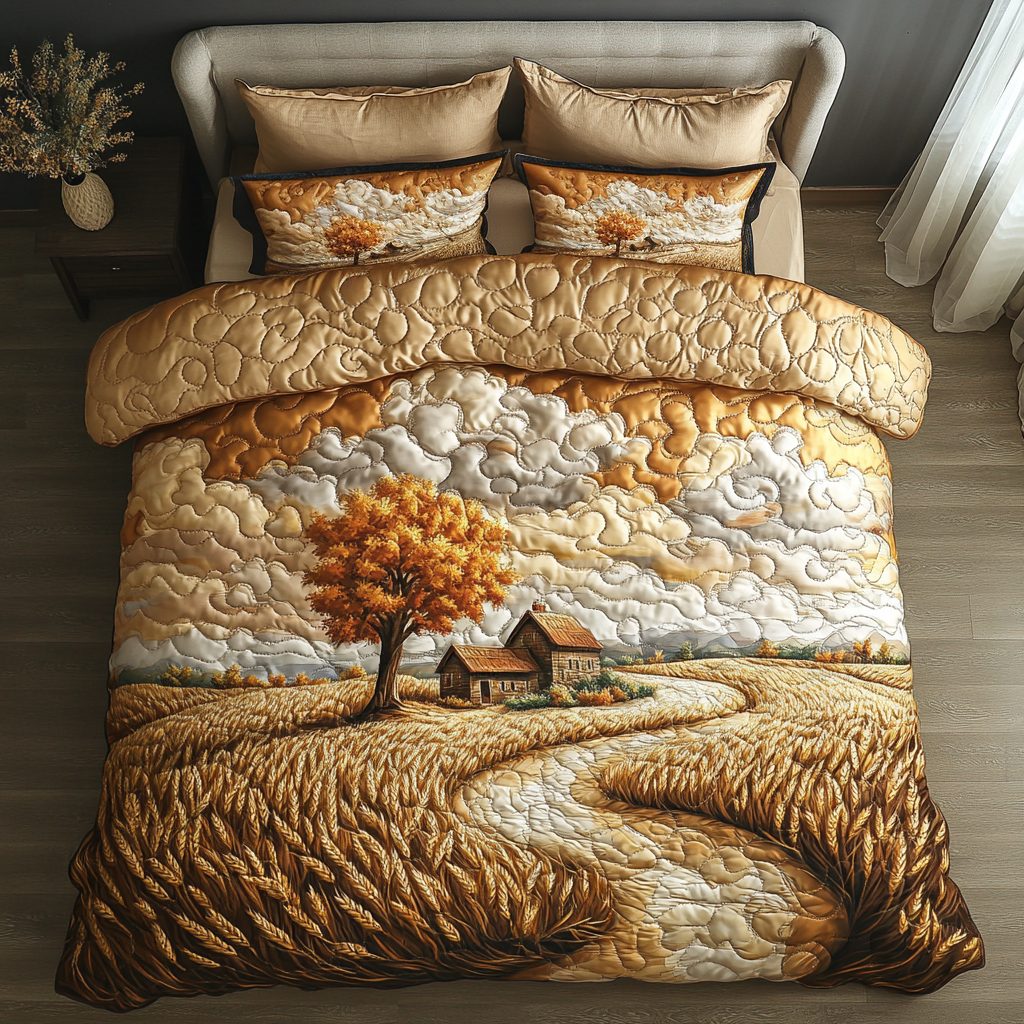 Timeless Fields quilted 3-piece bedding set on a made bed in a farmhouse bedroom