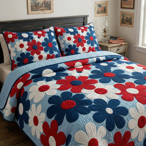 Timeless Flag Blossoms quilted 3-piece bedding set on a made bed in a warmly lit bedroom