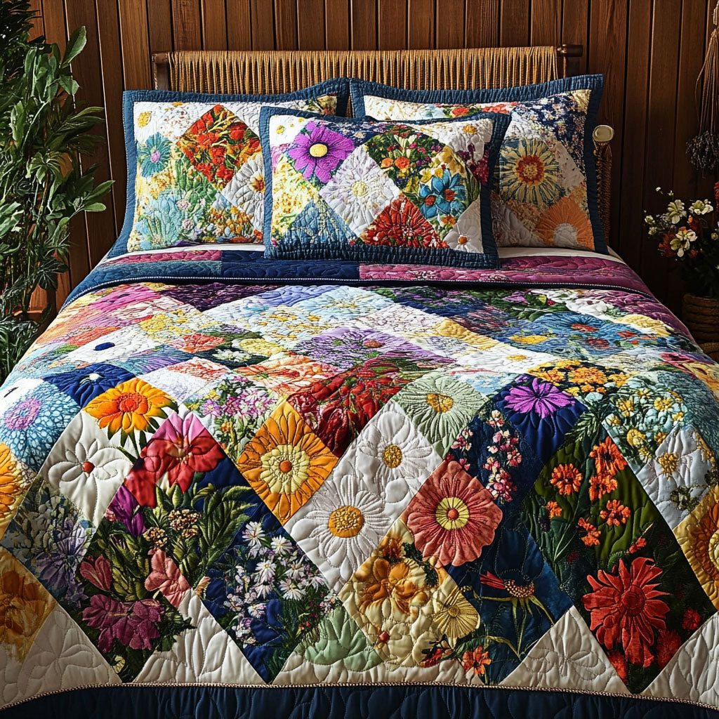 Timeless Floral quilted 3-piece bedding set on a made bed in a farmhouse bedroom