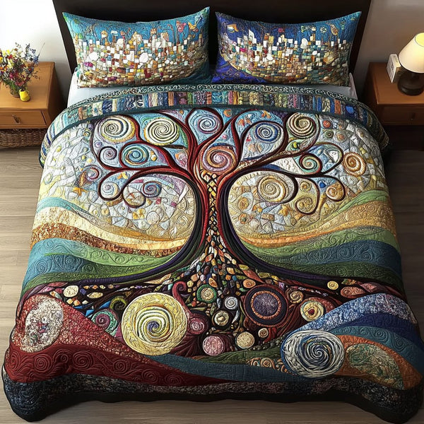 Timeless Growth quilted 3-piece bedding set on a made bed in a farmhouse bedroom