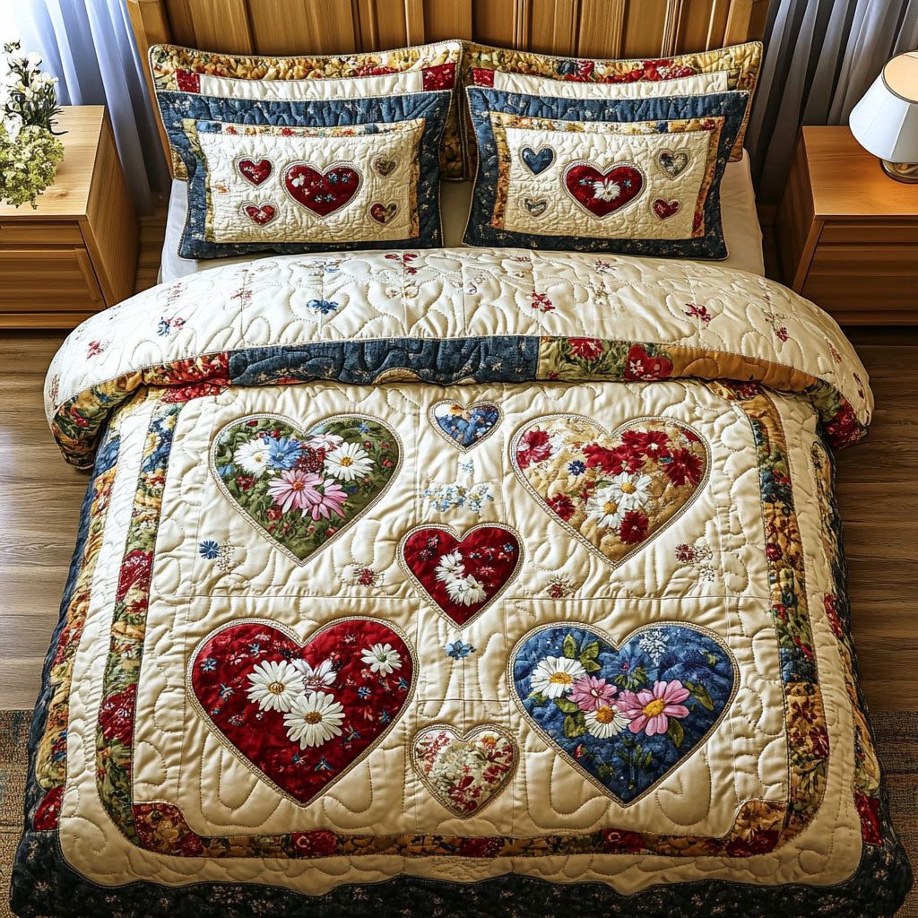 Timeless Hearts Bloom quilted 3-piece bedding set on a made bed in a farmhouse bedroom