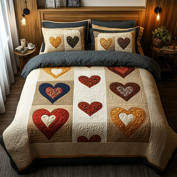Timeless Hearts quilted 3-piece bedding set on a made bed in a farmhouse bedroom