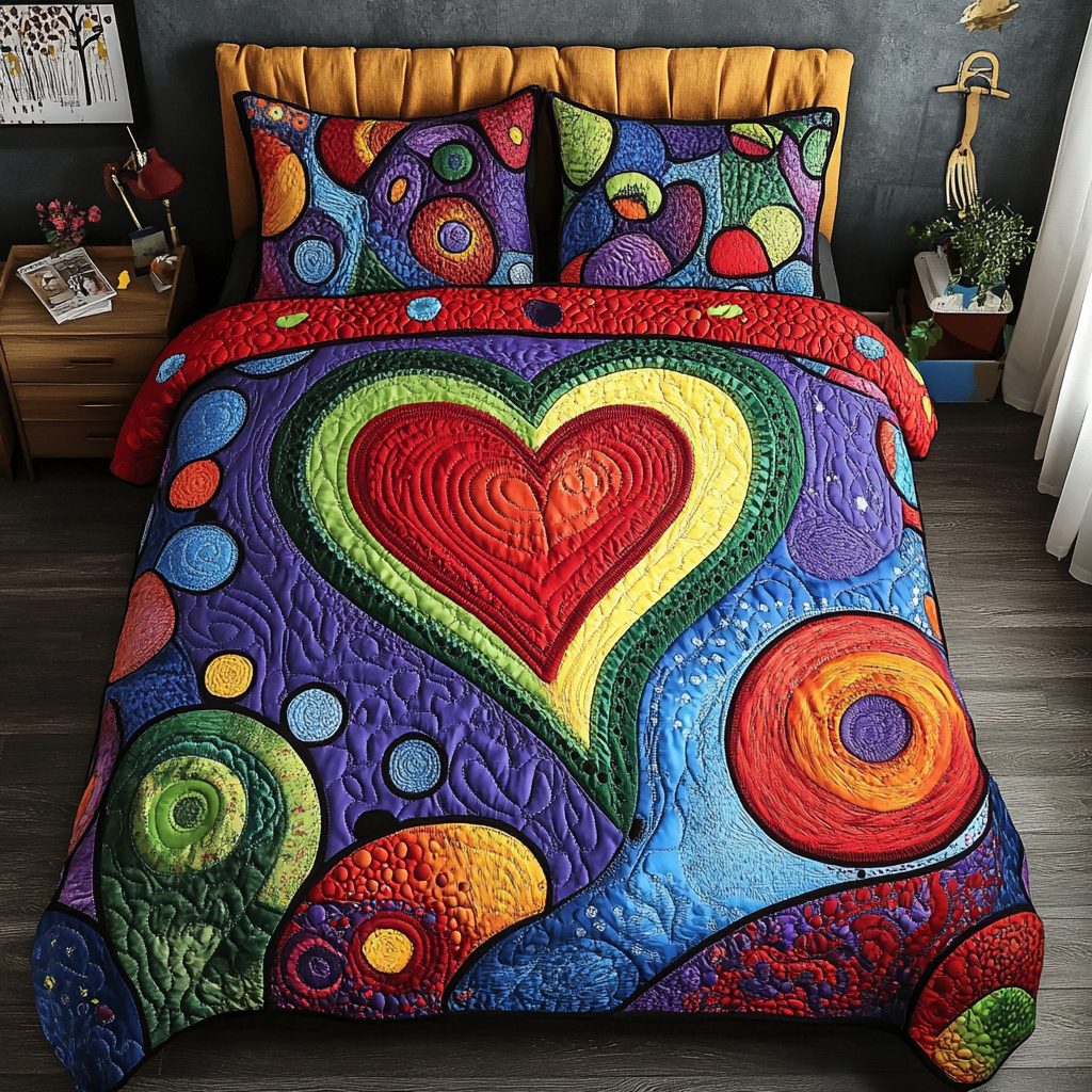 Timeless Hearts quilted 3-piece bedding set on a made bed in a farmhouse bedroom