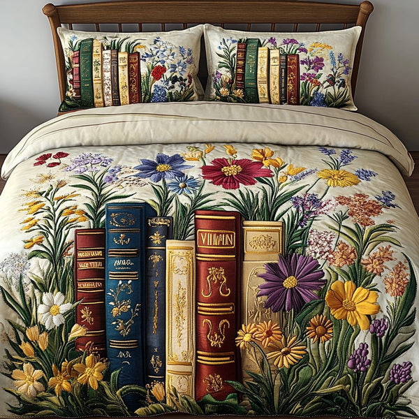 Timeless Literary Garden quilted 3-piece bedding set on a made bed in a farmhouse bedroom