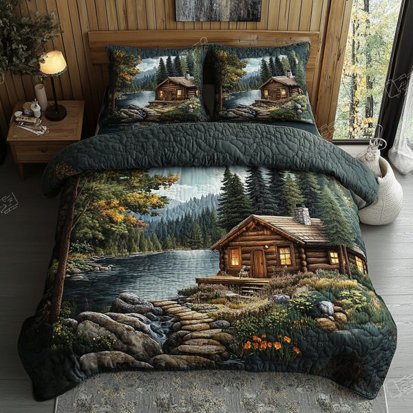 Timeless Log Cabin quilted 3-piece bedding set on a made bed in a farmhouse bedroom