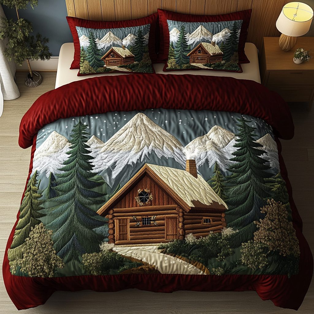 Timeless Log Cabin quilted 3-piece bedding set on a made bed in a farmhouse bedroom