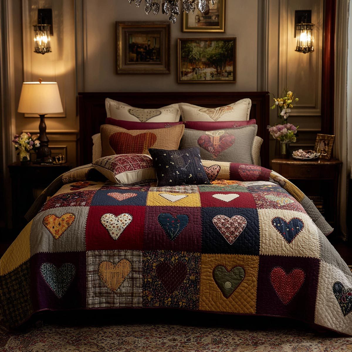 Timeless Love quilted 3-piece bedding set on a made bed in a farmhouse bedroom