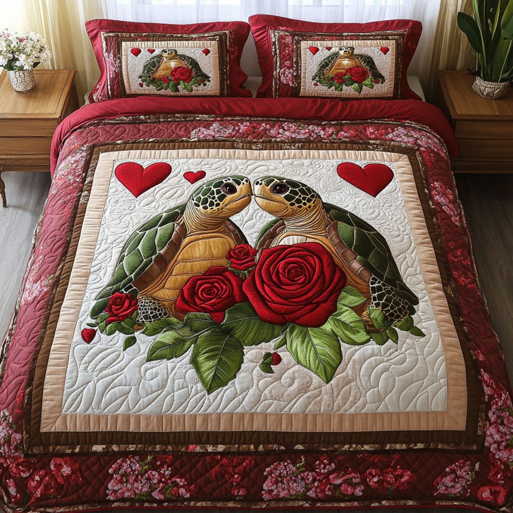 Timeless Love quilted 3-piece bedding set on a made bed in a farmhouse bedroom