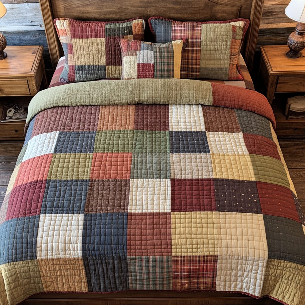 Timeless Love quilted 3-piece bedding set on a made bed in a farmhouse bedroom