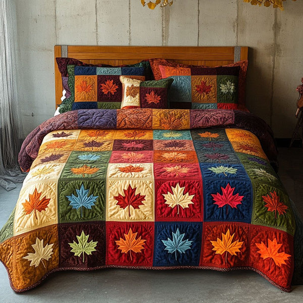 Timeless Maple quilted 3-piece bedding set on a made bed in a farmhouse bedroom