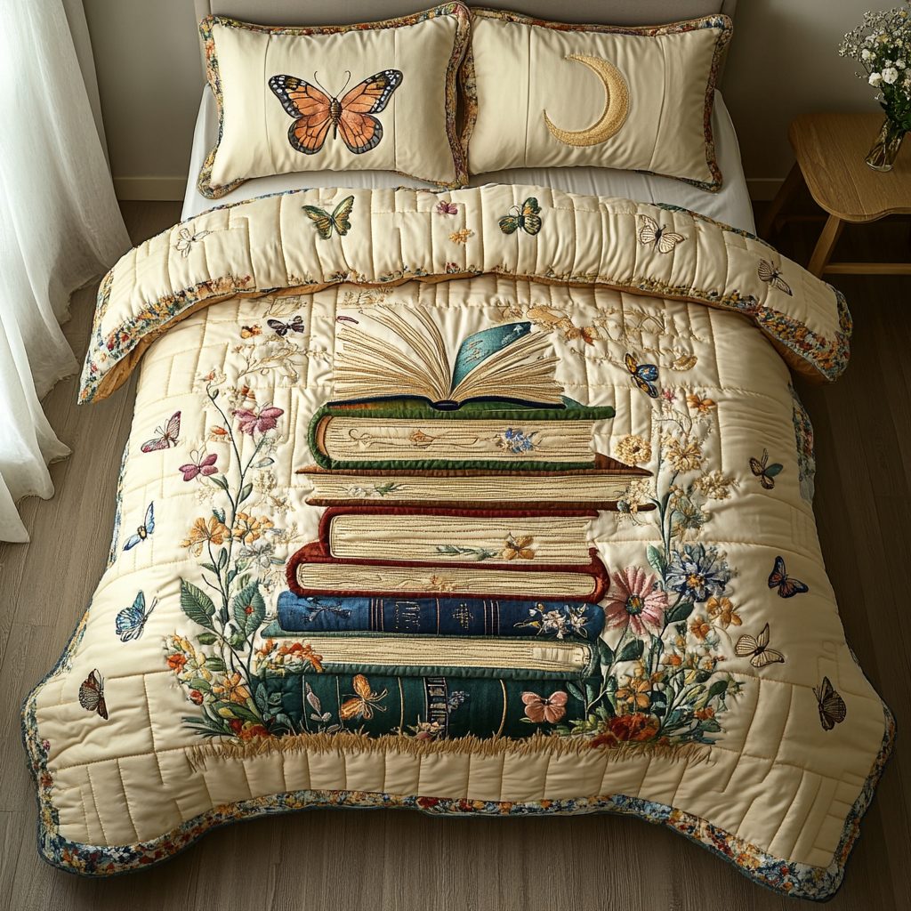 Timeless Pages quilted 3-piece bedding set on a made bed in a farmhouse bedroom