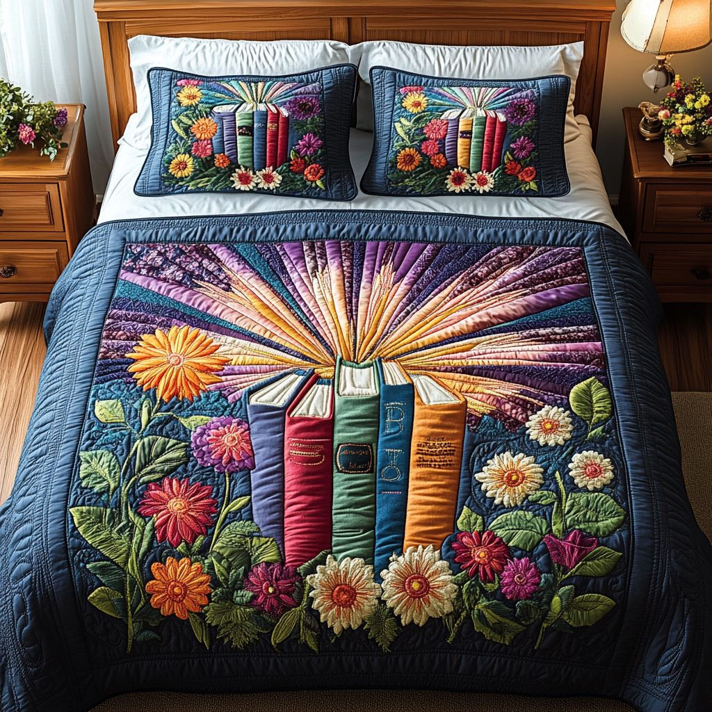 Timeless Pages quilted 3-piece bedding set on a made bed in a farmhouse bedroom