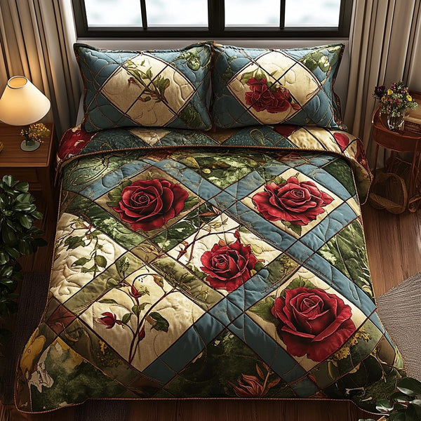 Timeless Red Rose quilted 3-piece bedding set on a made bed in a farmhouse bedroom