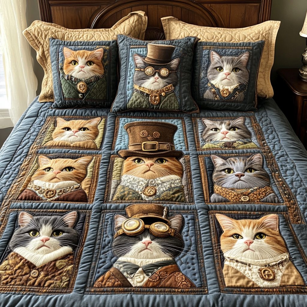 Timeless Tails quilted 3-piece bedding set on a made bed in a farmhouse bedroom