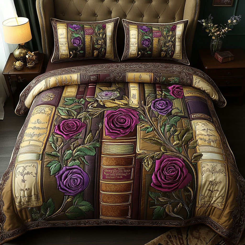 Timeless Tomes quilted 3-piece bedding set on a made bed in a farmhouse bedroom