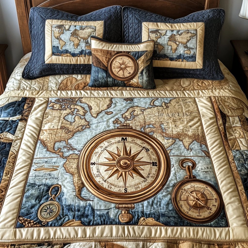 Timeless Travel quilted 3-piece bedding set on a made bed in a farmhouse bedroom