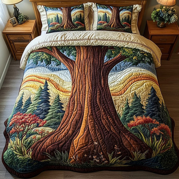 Timeless Tree quilted 3-piece bedding set on a made bed in a farmhouse bedroom