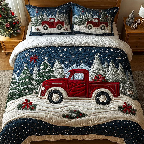 Timeless Truckload quilted 3-piece bedding set on a made bed in a farmhouse bedroom