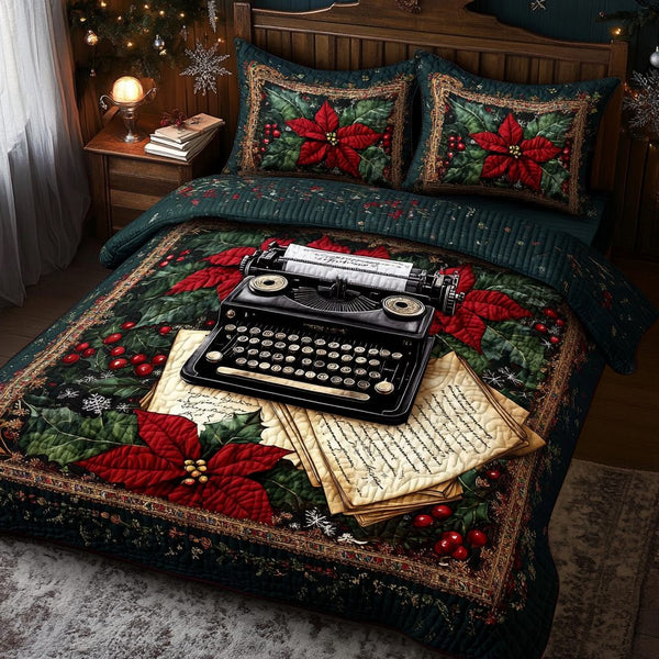 Timeless Typewriter quilted 3-piece bedding set on a made bed in a farmhouse bedroom