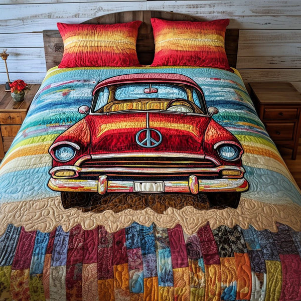 Timeless Wheels quilted 3-piece bedding set on a made bed in a farmhouse bedroom
