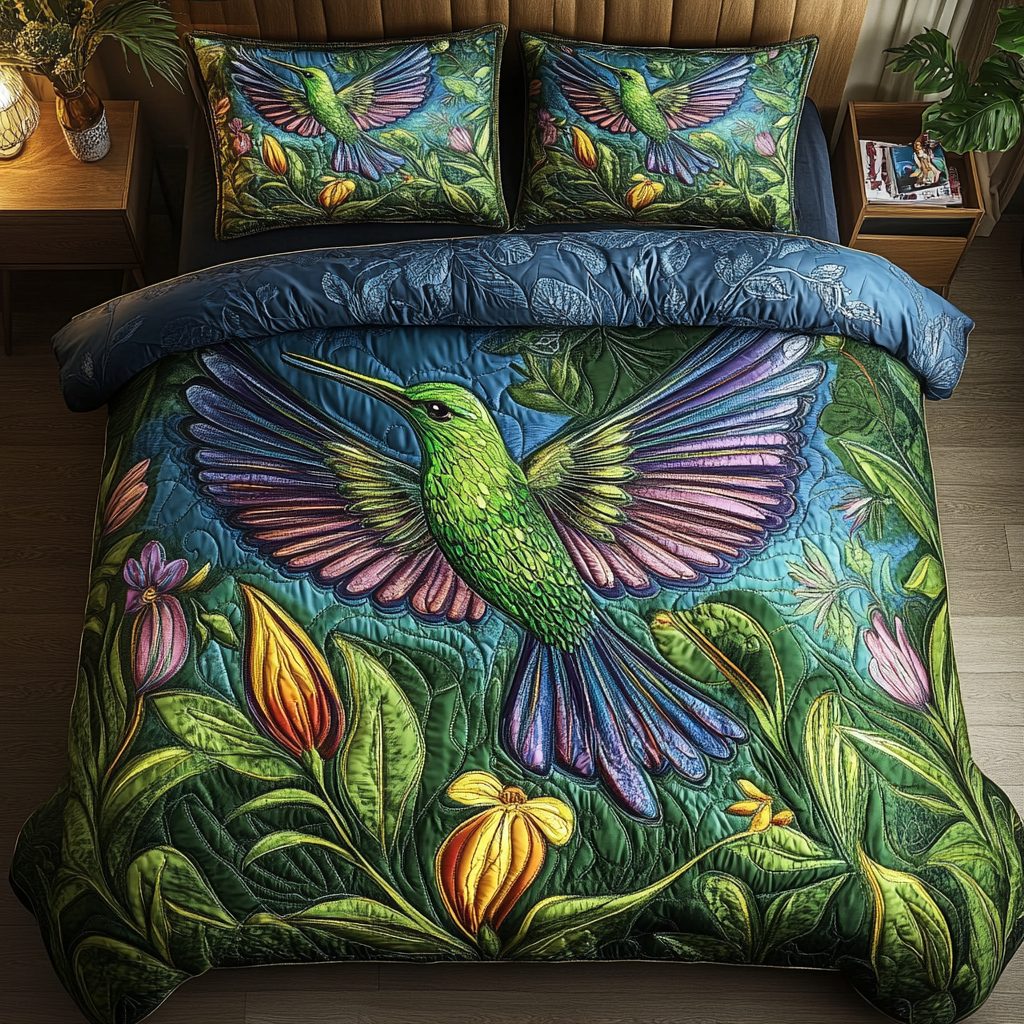 Tiny Jewel quilted 3-piece bedding set on a made bed with two matching pillow shams