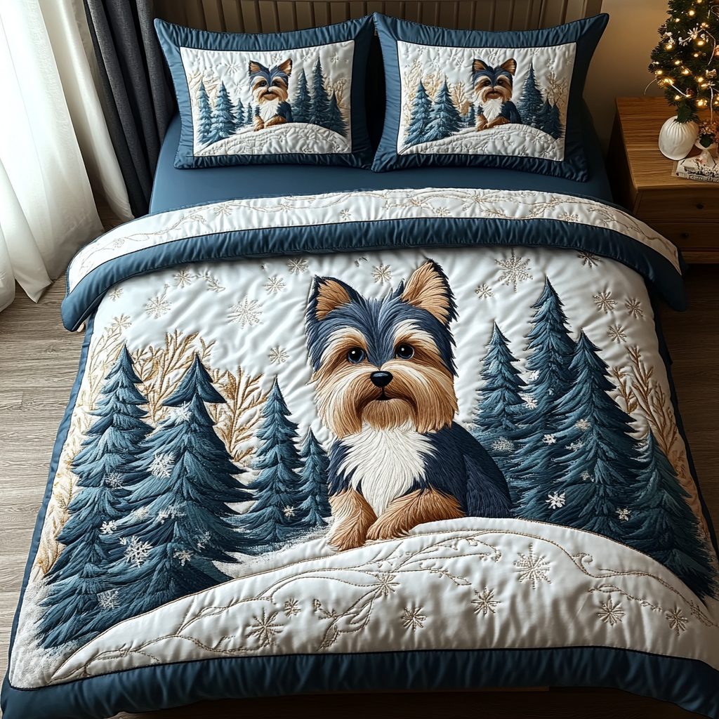 Tiny Terrier quilted 3-piece bedding set on a made bed with two matching pillow shams
